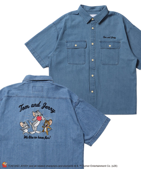 TJ EMB. DENIM SHIRTS / トムとジェリー シャツ オーバーサイズ 半袖 刺繍 ワンポイント プリント デニム ユニセックス 加工 サックスブルー