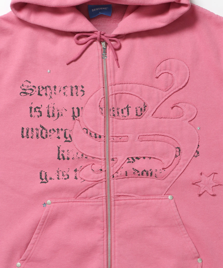 SQNZ ZIP P/K / ジップパーカー 裏起毛 フーディ スタッズ 加工 ワッペン プリント ピンク