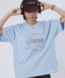 サークルアート線画プリントTシャツツ/ Tシャツ クルーネック 半袖 プリント サークルロゴ ライトブルー