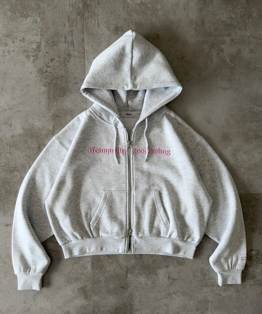 センター3D刺繍立体フードショート丈ZIPパーカー / レディース パーカー 裏起毛 ヘビーウエイト フーディ ダブルジップ 【短丈】 アッシュグレー