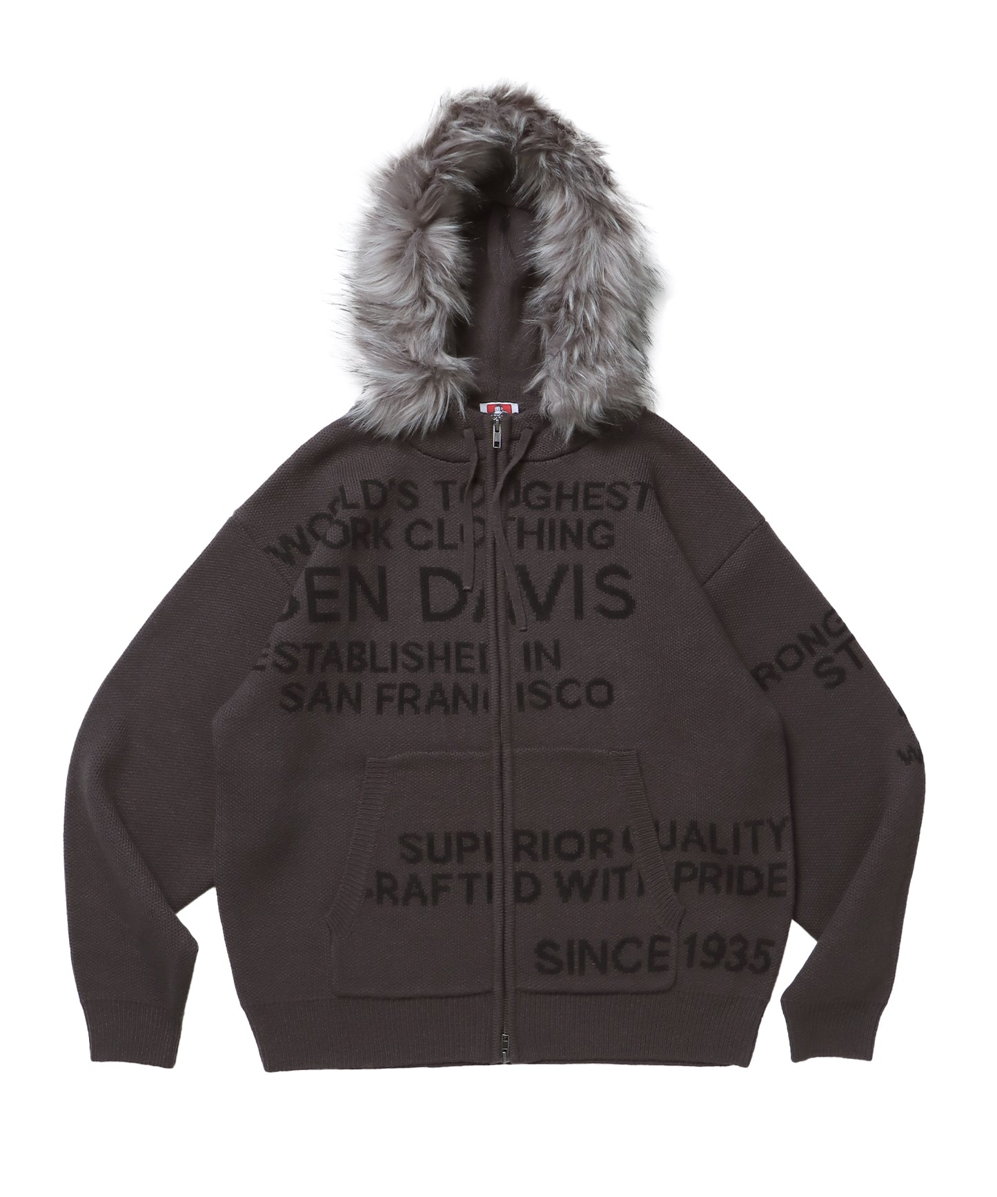 FAUX FUR TRIM KNIT JACKET / オーバーサイズ ニット ファー ジップパーカー フーディ ダブルジップ チャコール