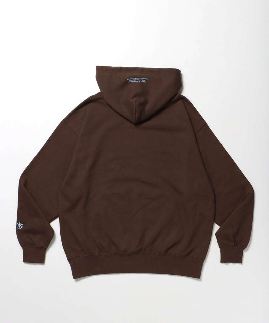 MID WEIGHT SWEAT HOODIE /パーカー ジップパーカー ダブルジップ 短丈 刺繍 プリント ブラウン