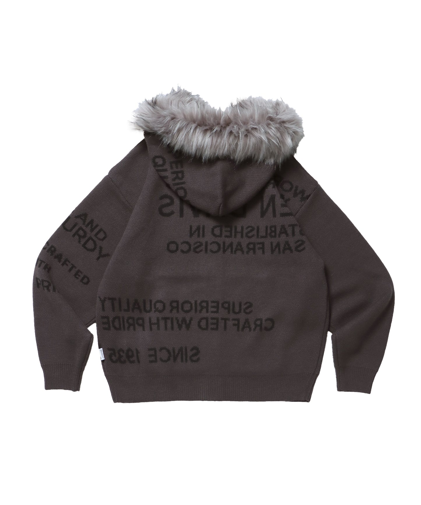 FAUX FUR TRIM KNIT JACKET / オーバーサイズ ニット ファー ジップパーカー フーディ ダブルジップ チャコール