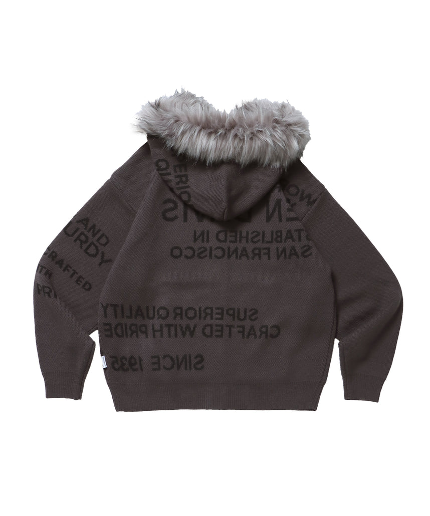 FAUX FUR TRIM KNIT JACKET / オーバーサイズ ニット ファー ジップパーカー フーディ ダブルジップ チャコール