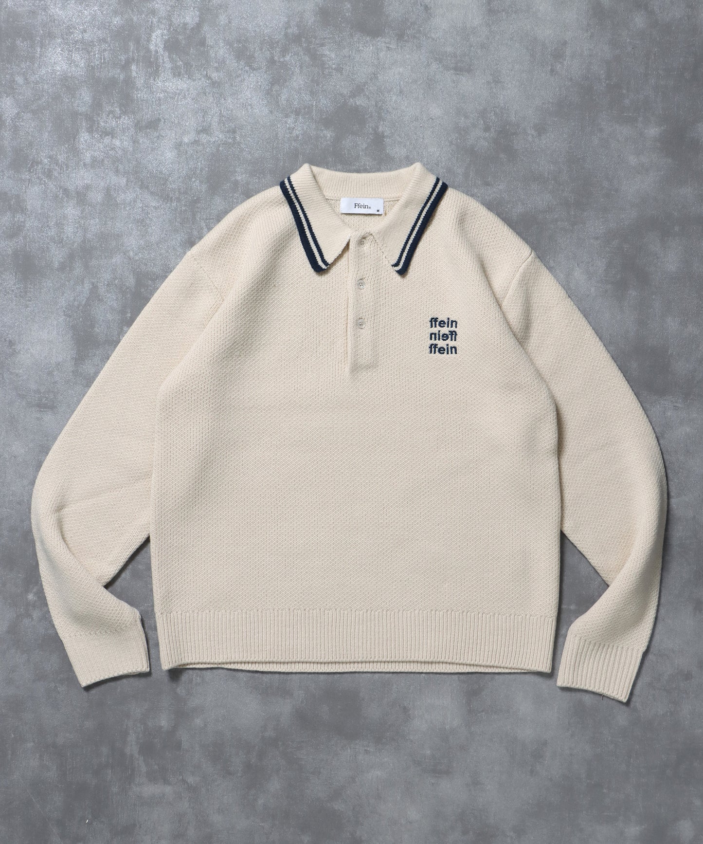 三段ロゴアソート襟ポロニット / ポロシャツ ニット ボーダー 刺繍 ワンポイント アイボリー