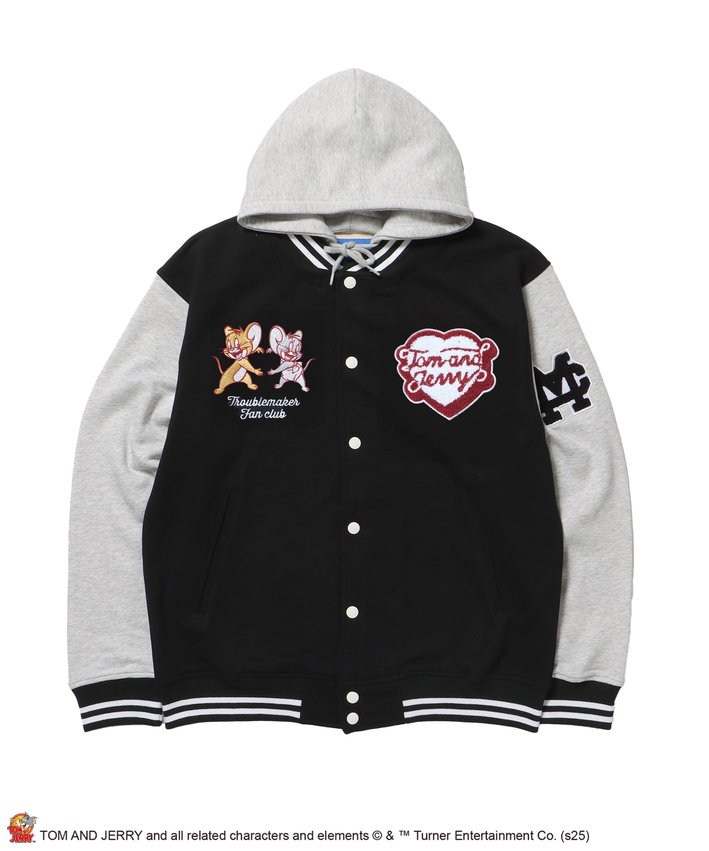 TJ HOODED STADIUM JACKET / 2WAY スタジャン フード取り外し可能 ドロップショルダー ワッペン 刺繍 ブラック