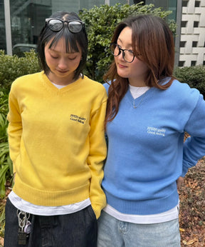 ワンポイントロゴVネックニット/ ニット Vネック 刺繍 ワンポイント 長袖 【短丈】 イエロー