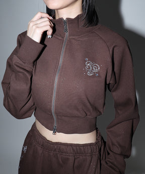 sqnz glitter zip top / グリッター ダブルジップ ジップスウェット 裏起毛 ラインストーン 【セットアップ着用可能】 モカ