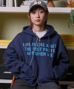 ヘビーウエイトぼかしロゴジップパーカー / パーカー 裏起毛 ジップ 刺繍 ロゴ フーディ ダブルジップ ネイビー