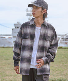 【FFEIN(フェイン)】ロゴ刺繍オンブレチェックルーズ長袖シャツ ブラック