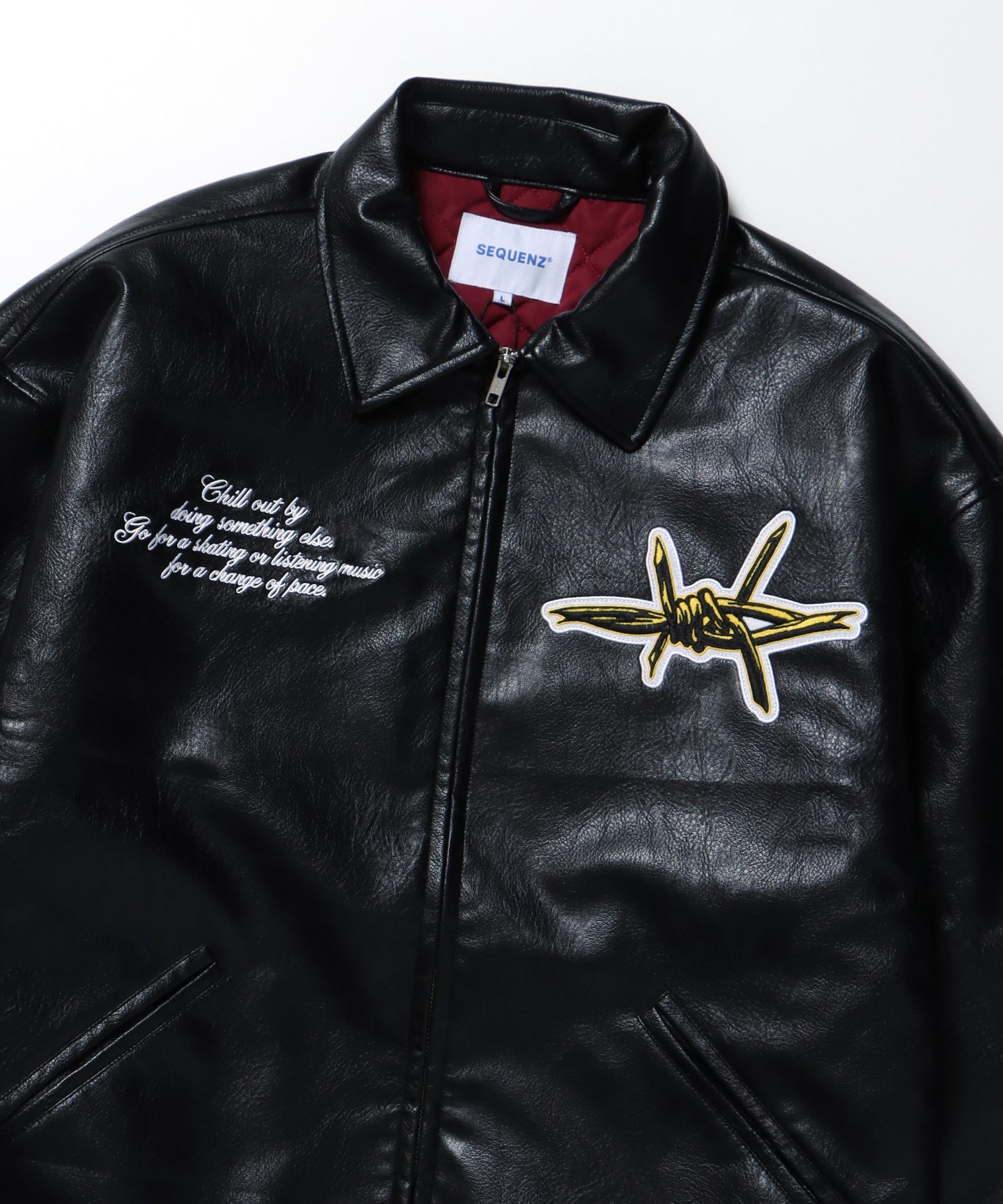 【SEQUENZ】 SYNTHETIC LEATHER BLOUSON / ヴィンテージライク ワッペン ワイド レザー ブルゾン　ブラック