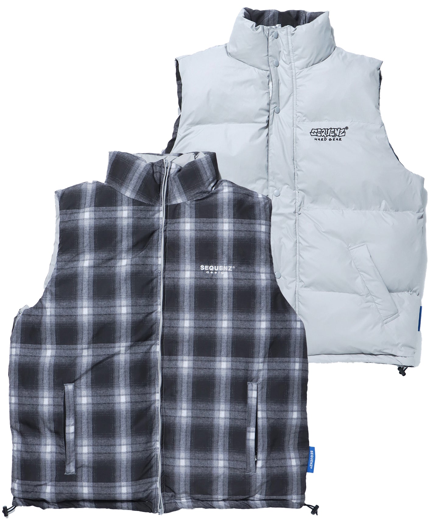 【SEQUENZ】 REVERSIBLE SYNTHETIC DOWN VEST / リバーシブル ワンポイント ロゴ ナイロン スタンド ベスト OMBRE CHECK×L.GRAY
