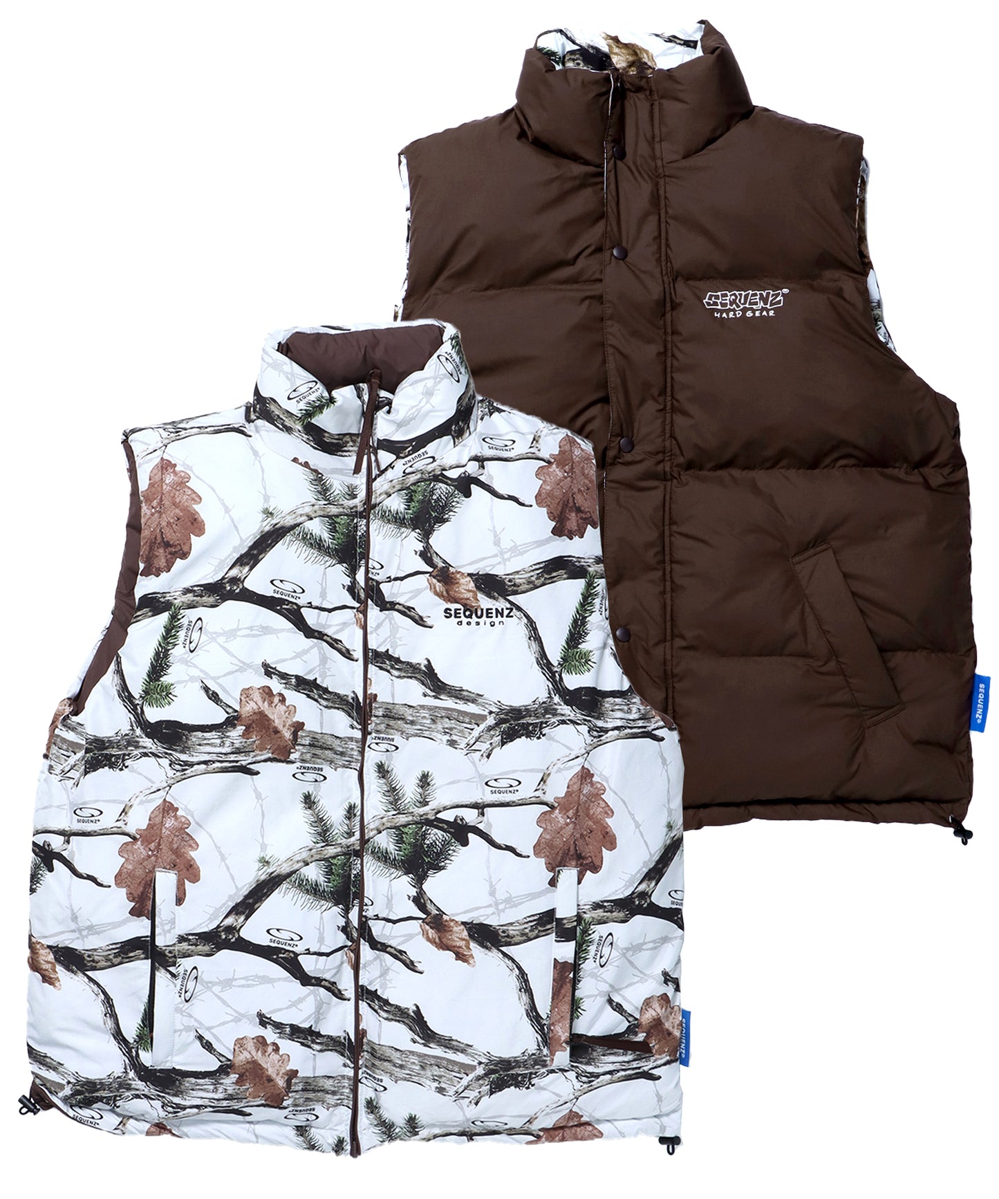 【SEQUENZ】 REVERSIBLE SYNTHETIC DOWN VEST / リバーシブル ワンポイント ロゴ ナイロン スタンド ベスト REAL TREE×BROWN