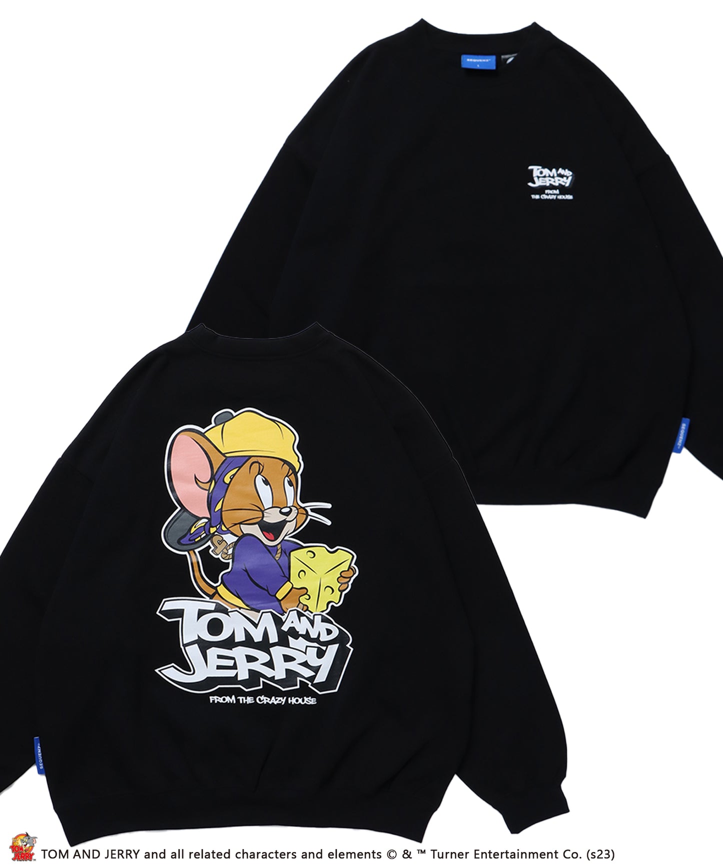 【SEQUENZ】TOM and JERRY 90s STYLE CN SWEATSHIRTS/ トムとジェリー ストリート 古着風 ロゴ ペアコーデ クルーネック スウェット ブラック(ジェリー)