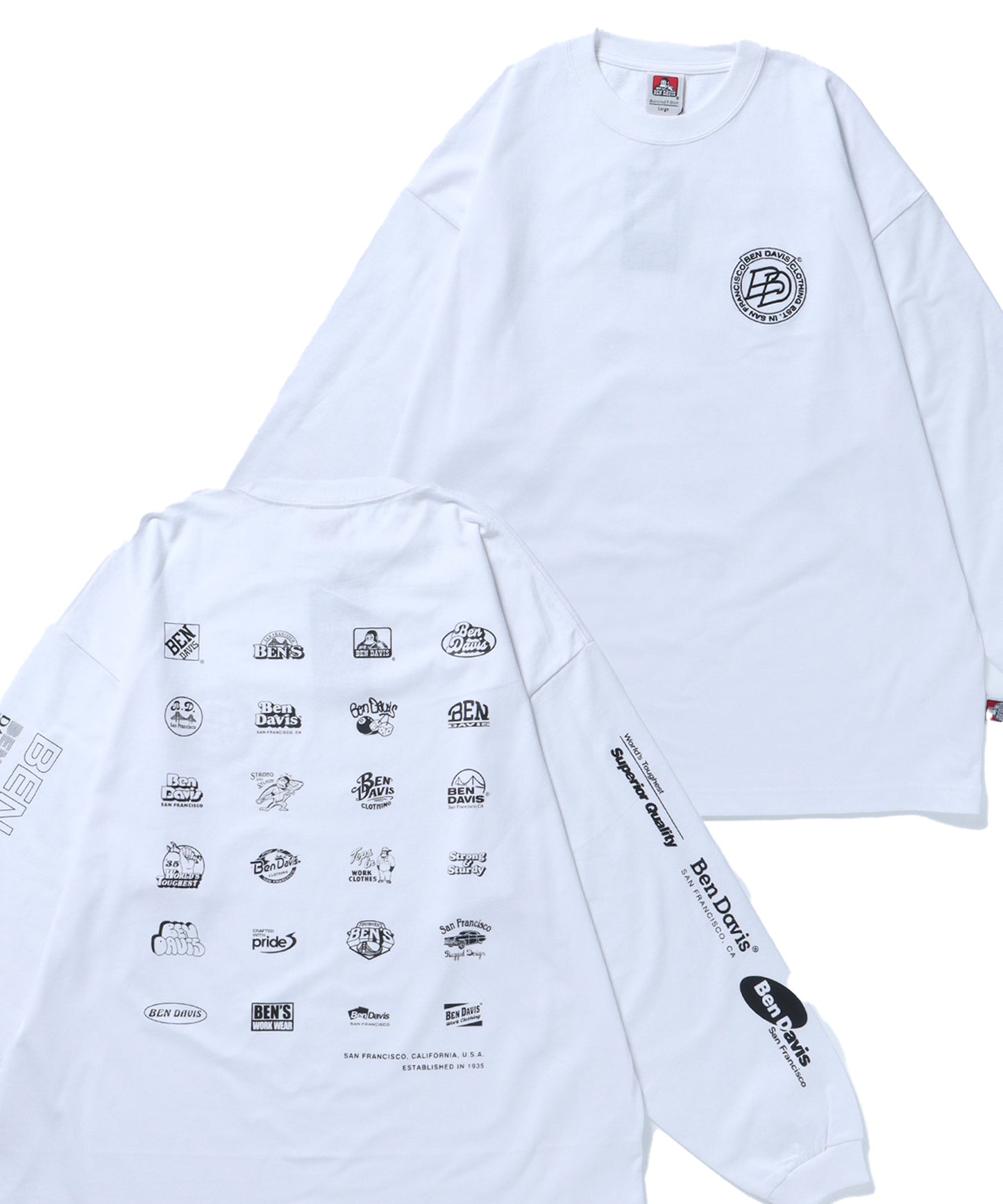 【BEN DAVIS(ベンデイビス)】MORE ICONS L/S TEE / ロゴ バックプリント 刺繍　ワンポイント クルーネック ロンT ホワイト