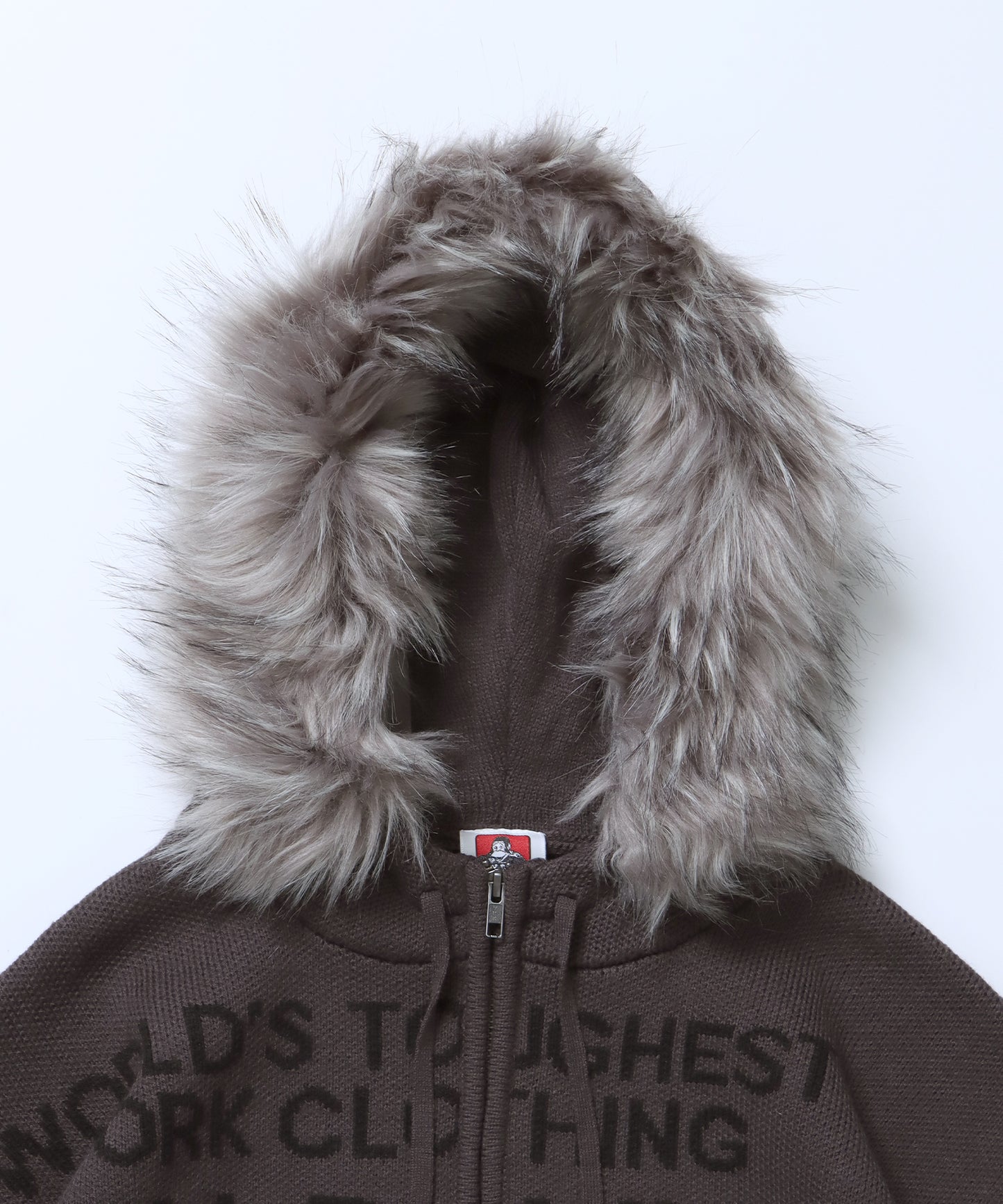 FAUX FUR TRIM KNIT JACKET / オーバーサイズ ニット ファー ジップパーカー フーディ ダブルジップ チャコール