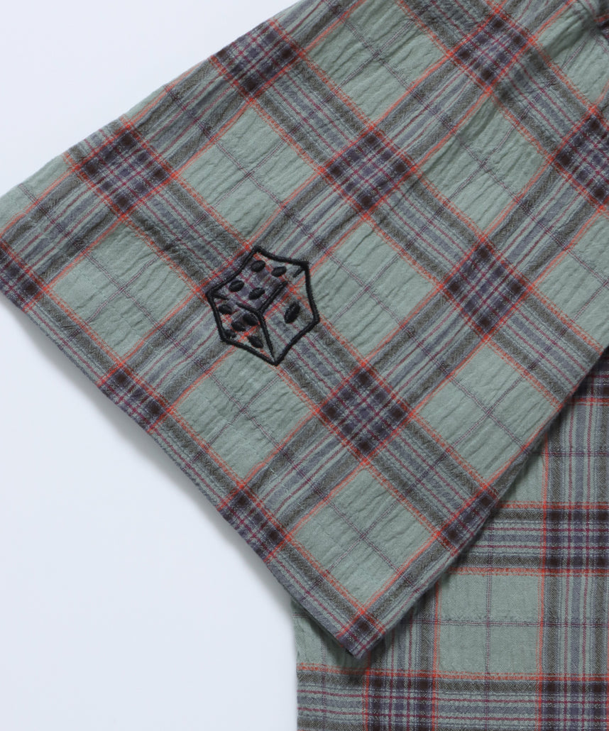 GRANGE CHECK OPEN COLLAR S/S SHIRT / 半袖シャツ オープンカラー 刺繍ロゴ チェック グランジ グリーン