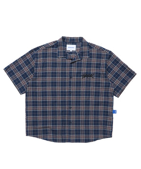 GRANGE CHECK OPEN COLLAR S/S SHIRT / 半袖シャツ オープンカラー 刺繍ロゴ チェック グランジ ネイビー