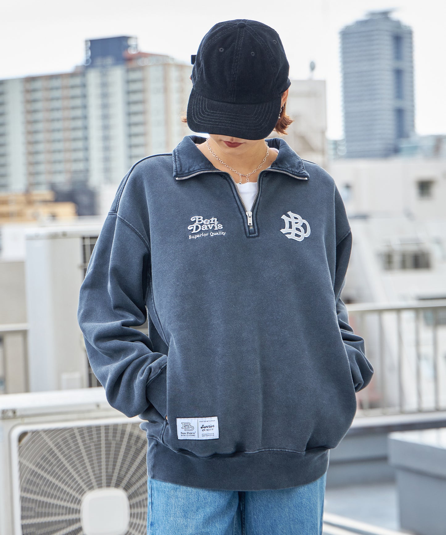 LEAGUER FADED HALF ZIP / ヴィンテージライク オーバーサイズ シンプル ノームコア 刺繍 裏起毛 ダークネイビー