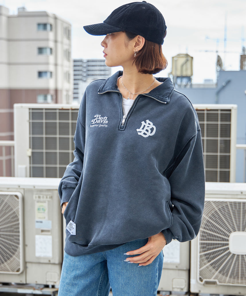 LEAGUER FADED HALF ZIP / ヴィンテージライク オーバーサイズ シンプル ノームコア 刺繍 裏起毛 ダークネイビー