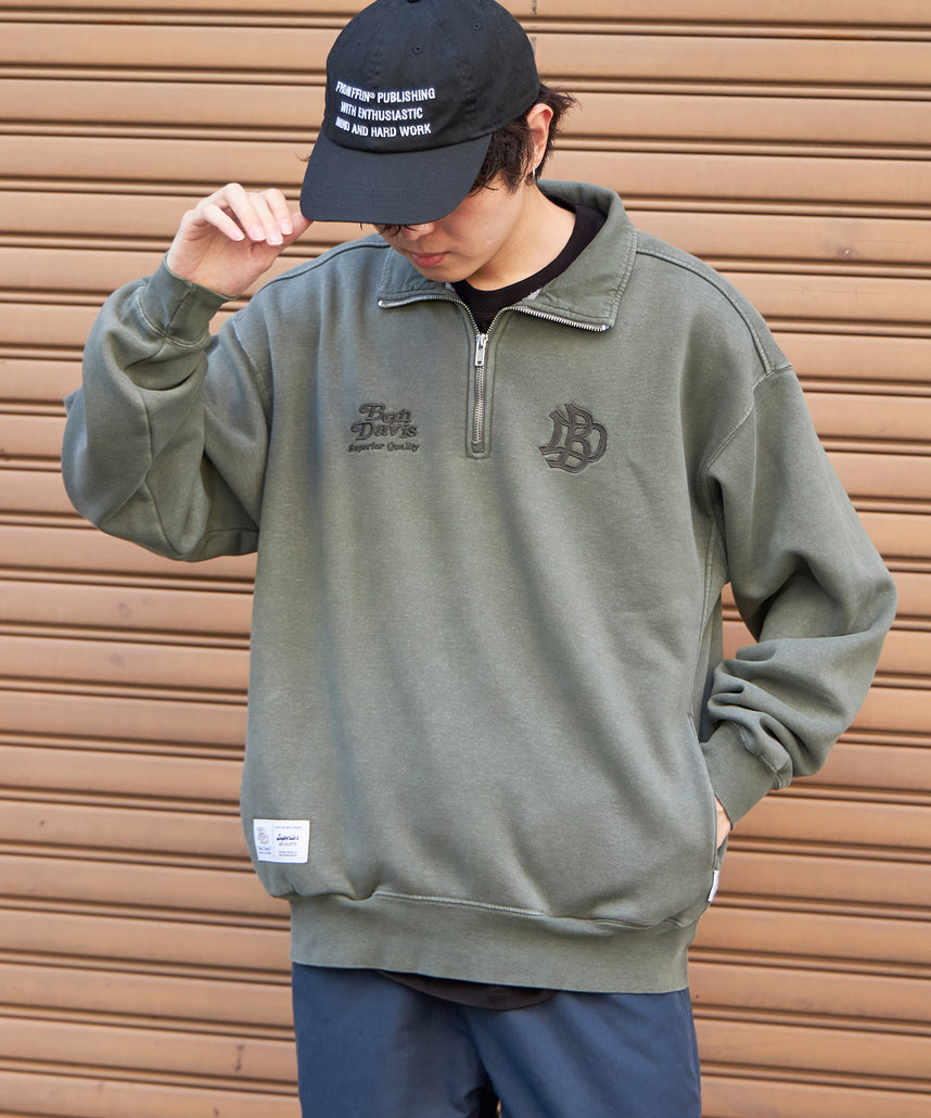 LEAGUER FADED HALF ZIP / ヴィンテージライク オーバーサイズ シンプル ノームコア 刺繍 裏起毛 カーキ