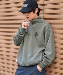 LEAGUER FADED HALF ZIP / ヴィンテージライク オーバーサイズ シンプル ノームコア 刺繍 裏起毛 カーキ