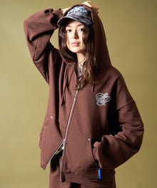 CROSS RHINE STONE ZIP P/K / パーカー ジップパーカー ラインストーン クロスデザイン 裏起毛 ダブルジップ 短丈 【セットアップ】 モカ