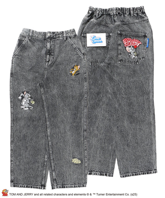 【SEQUENZ（シークエンズ）】TJ CHASE DENIM PANTS / トムとジェリー パンツ 長ズボン ワンポイント 刺繍 ブラック