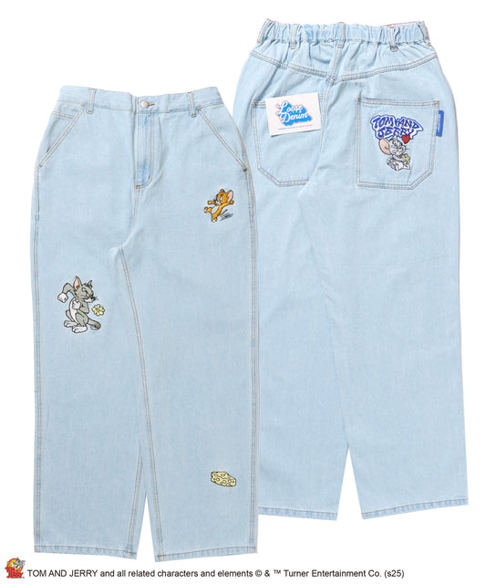 【SEQUENZ（シークエンズ）】TJ CHASE DENIM PANTS / トムとジェリー パンツ 長ズボン ワンポイント 刺繍 サックス