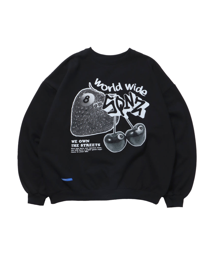 SQNZ FRUITS C/N SWEAT / オーバーサイズ 裏起毛 スウェット プルオーバー クルーネック ブラック