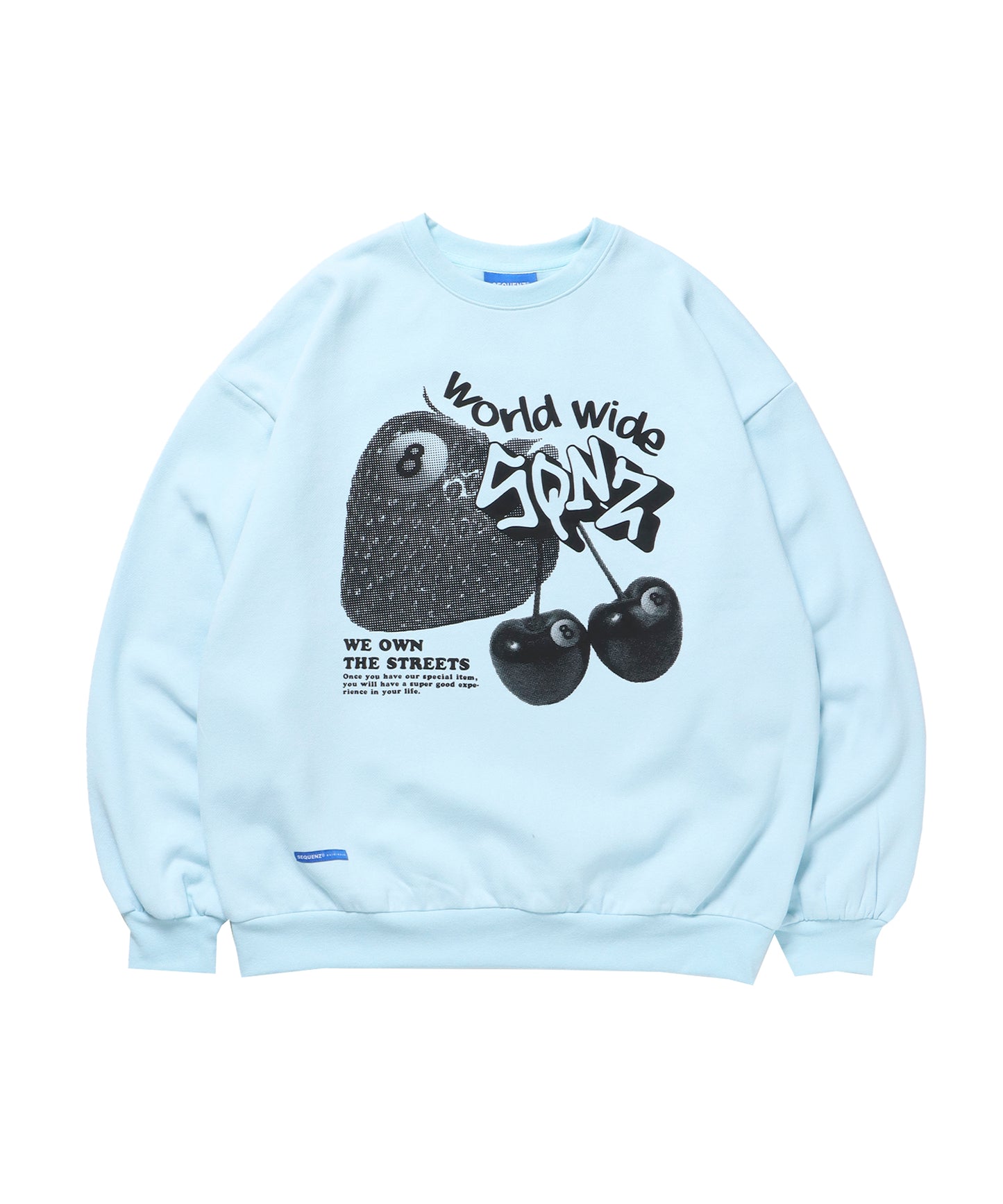 SQNZ FRUITS C/N SWEAT / オーバーサイズ 裏起毛 スウェット プルオーバー クルーネック ライトブルー