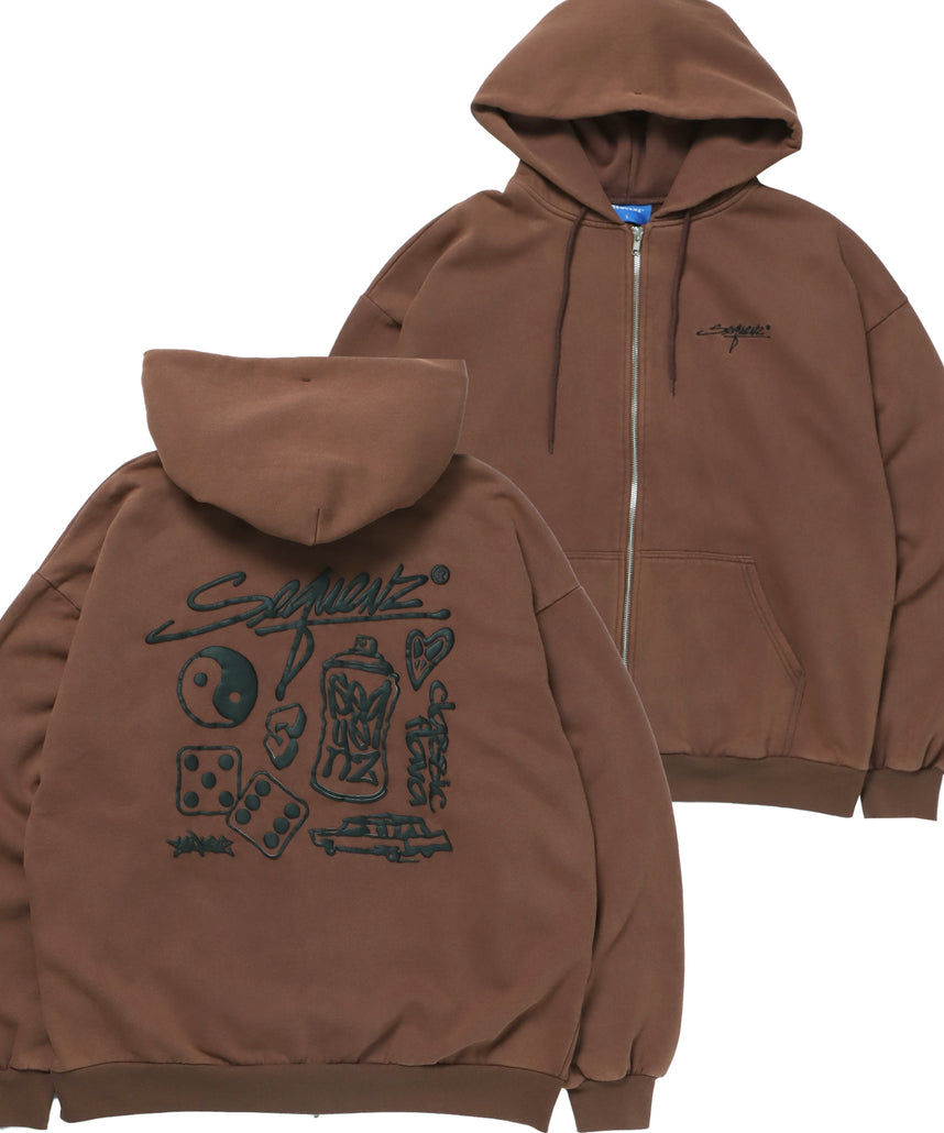 LOGO MOTIF WASHED ZIP P/K / ジップパーカー オーバーサイズ 裏起毛 ヴィンテージライク ダークブラウン ≪SET UP着用可能≫