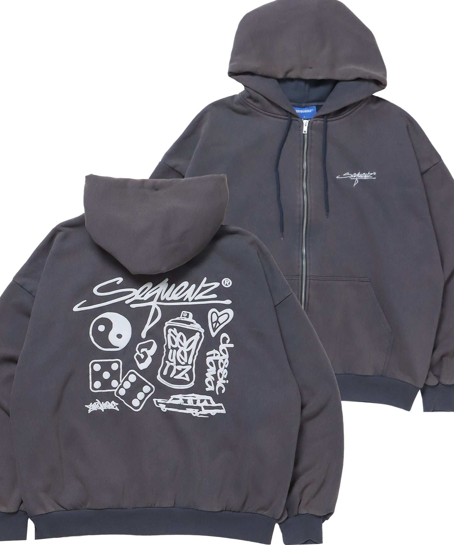 LOGO MOTIF WASHED ZIP P/K / ジップパーカー オーバーサイズ 裏起毛 ヴィンテージライク ネイビー