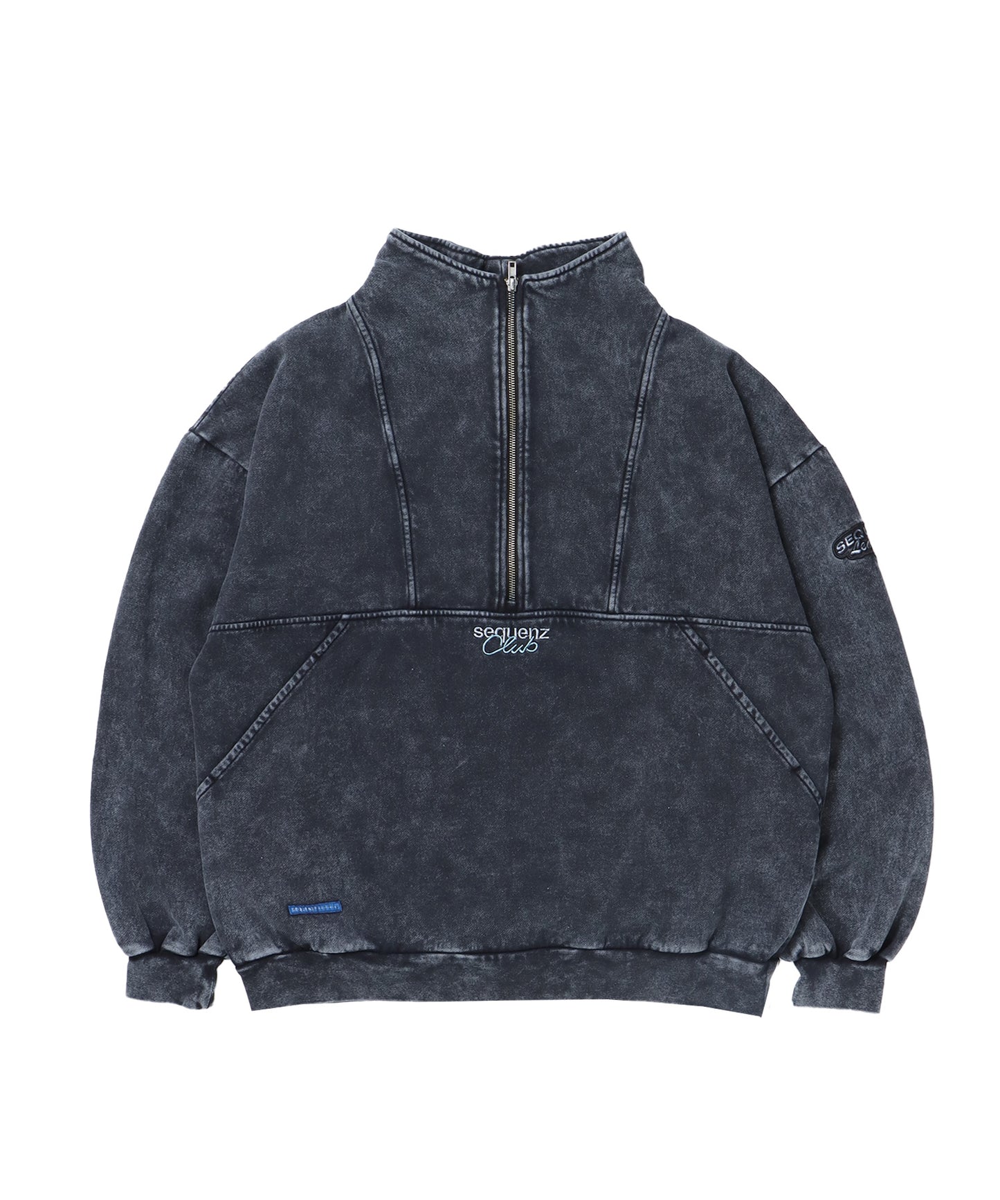 90s SPORTS WASHED HZIP SWEAT / 刺繍 ハーフジップ オーバーサイズ セットアップ 裏起毛 ブラック ≪SET UP着用可能≫