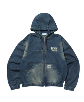 sqnz washed denim jacket / ジップパーカー フルジップ ヴィンテージライク フード オーバーダイ ブルー ≪SET UP着用可能≫