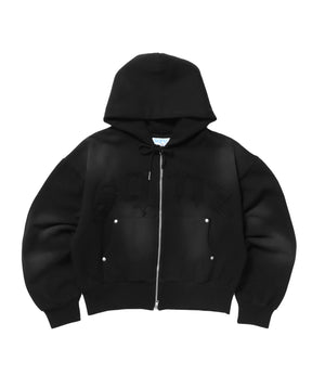 sqnz washed wappen zip p/k / フェード ジップパーカー スタッズ フルジップ オーバーサイズ ヴィンテージライク センターロゴ 裏起毛 ブラック