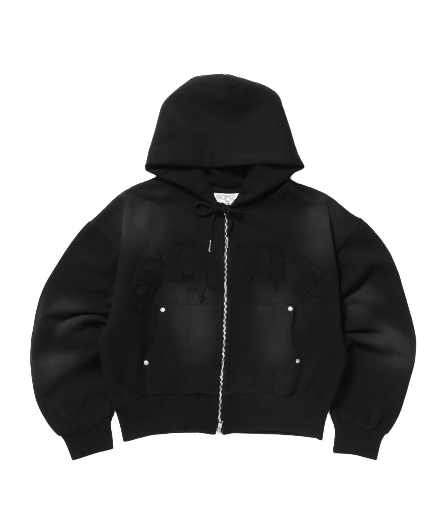 sqnz washed wappen zip p/k / スタッズ フルジップ オーバーサイズ ヴィンテージライク センターロゴ 裏起毛 ブラック