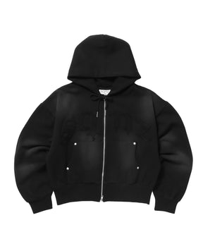 sqnz washed wappen zip p/k / スタッズ フルジップ オーバーサイズ ヴィンテージライク センターロゴ 裏起毛 ブラック