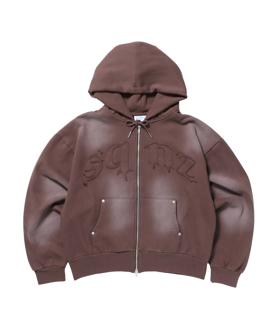 sqnz washed wappen zip p/k / スタッズ フルジップ オーバーサイズ ヴィンテージライク センターロゴ 裏起毛 ダークブラウン