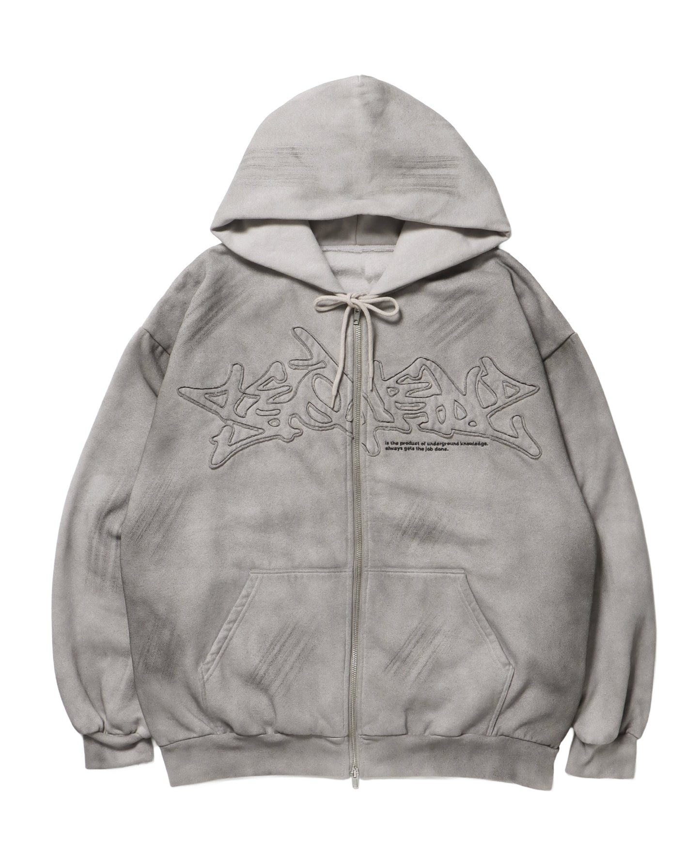 LOGO APPLIQUE ZIP HOODIE / フェード フルジップ オーバーサイズ ヴィンテージライク センターロゴ 裏起毛 ライトグレー ≪SET UP着用可能≫