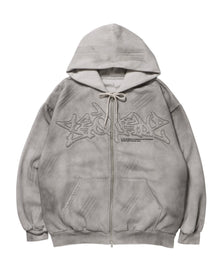 LOGO APPLIQUE ZIP HOODIE / フェード フルジップ オーバーサイズ ヴィンテージライク センターロゴ 裏起毛 ライトグレー ≪SET UP着用可能≫