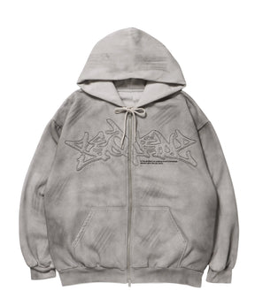 LOGO APPLIQUE ZIP HOODIE / フェード フルジップ オーバーサイズ ヴィンテージライク センターロゴ 裏起毛 ライトグレー ≪SET UP着用可能≫