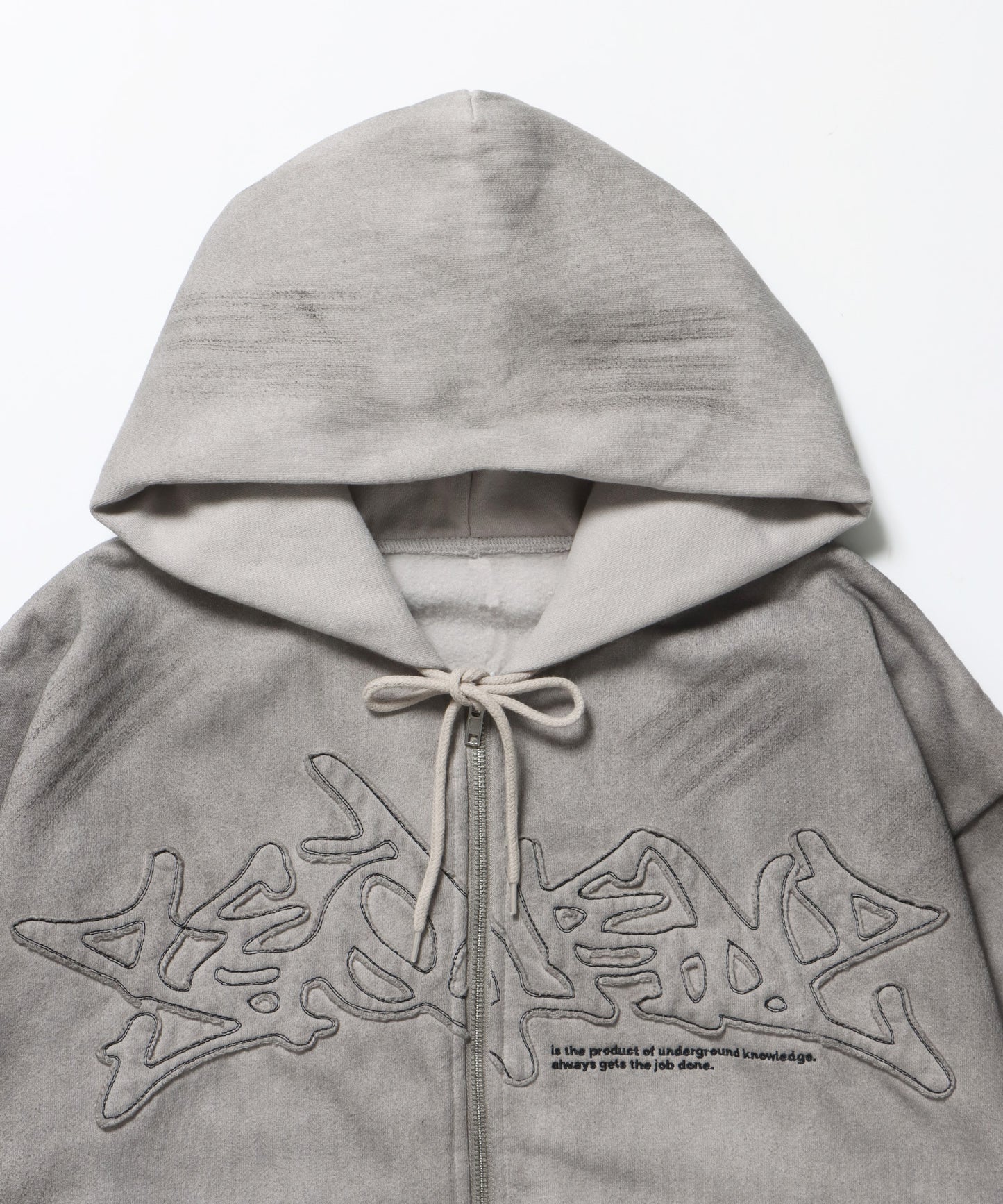 LOGO APPLIQUE ZIP HOODIE / フェード フルジップ オーバーサイズ ヴィンテージライク センターロゴ 裏起毛 ライトグレー ≪SET UP着用可能≫