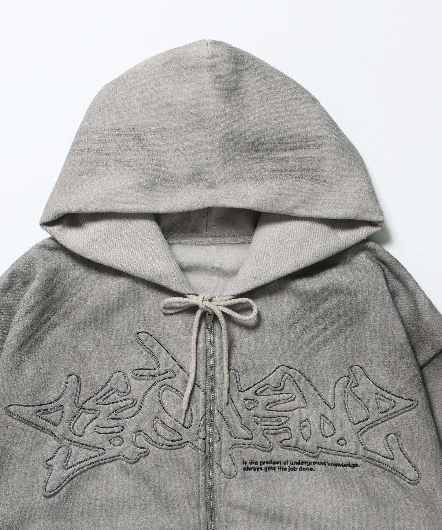 LOGO APPLIQUE ZIP HOODIE / フェード フルジップ オーバーサイズ ヴィンテージライク センターロゴ 裏起毛 ライトグレー ≪SET UP着用可能≫