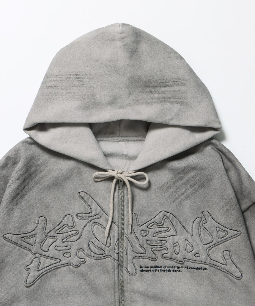 LOGO APPLIQUE ZIP HOODIE / フェード フルジップ オーバーサイズ ヴィンテージライク センターロゴ 裏起毛 ライトグレー ≪SET UP着用可能≫