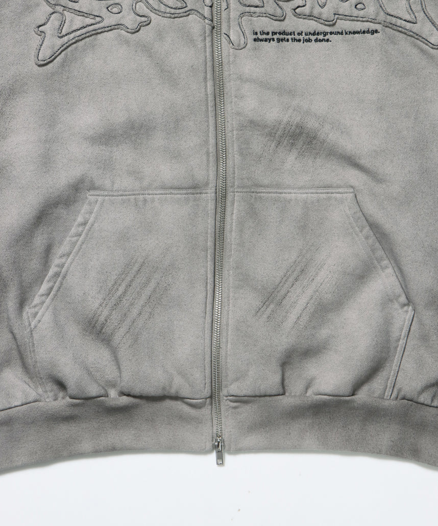 LOGO APPLIQUE ZIP HOODIE / フェード フルジップ オーバーサイズ ヴィンテージライク センターロゴ 裏起毛 ライトグレー ≪SET UP着用可能≫