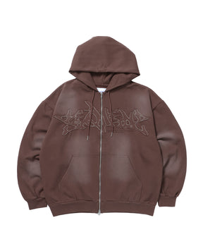 LOGO APPLIQUE ZIP HOODIE / フルジップ オーバーサイズ ヴィンテージライク センターロゴ 裏起毛 ダークブラウン ≪SET UP着用可能≫