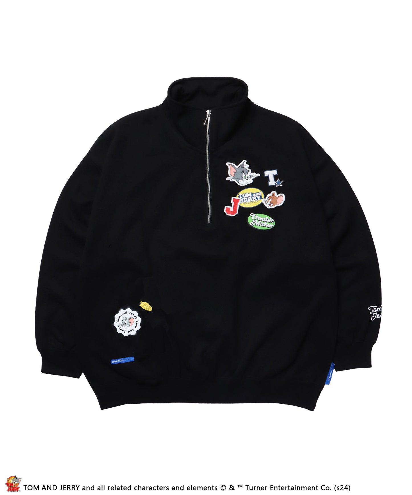 TJ STICKER HZIP SWEAT / オーバーサイズ 裏起毛 スウェット ハーフジップ クルーネック ブラック