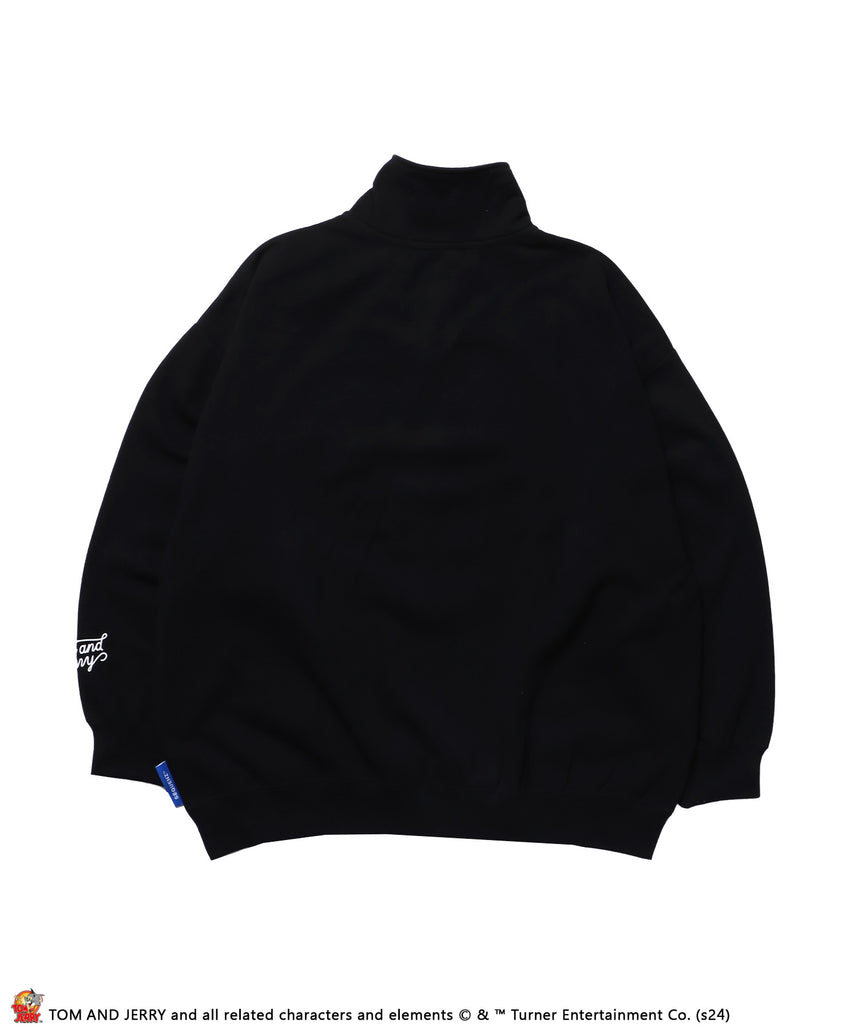 TJ STICKER HZIP SWEAT / オーバーサイズ 裏起毛 スウェット ハーフジップ クルーネック ブラック