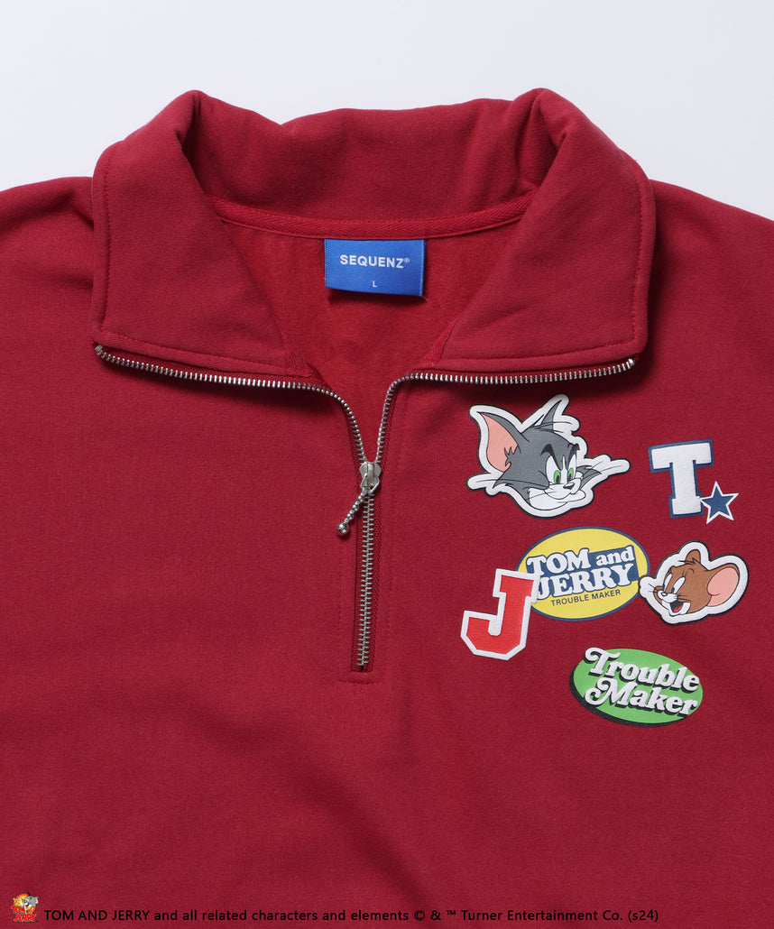 TJ STICKER HZIP SWEAT / オーバーサイズ 裏起毛 スウェット ハーフジップ クルーネック バーガンディー